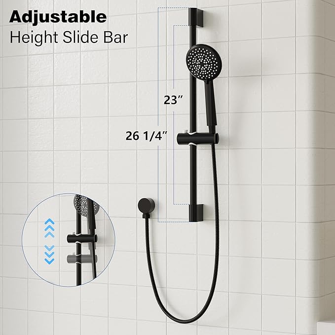 Gabrylly Shower System Black, Wall Mounted Slide Bar Shower Faucet Set Complete,High Pressure 10" Rain Shower Head with 5-Setting Handheld Shower,Shower Combo Set with Shower Valve