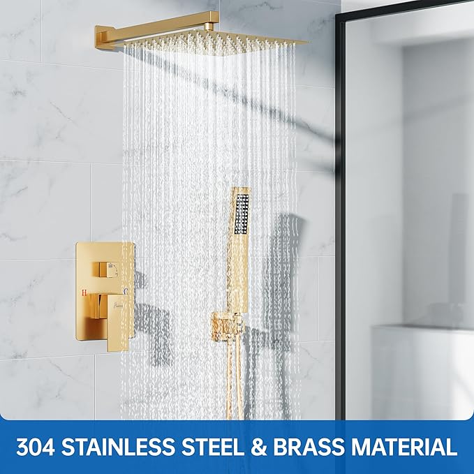 16 Inch Luxury Rain Shower Faucet Set, Brushed Gold Shower System with Rainfall Shower Head and Handheld Spray, SUS304 Stainless Steel and Solid Brass Wall Mounted Shower Valve Trim Kit