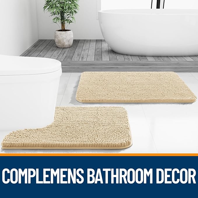 OLANLY Bathroom Rugs Sets 2 Piece, Soft Absorbent Chenille Bath Mats and U-Shaped Contour Toilet Mat Area Rug Set, Machine Washable Bath Carpet, Home Decor Accessories(36"x24"+24"x20", Beige)