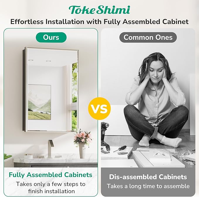 TokeShimi 24x26 Beveled Mirror Medicine Cabinet Recessed, Aluminum Framed Metal Brushed Nickel Medicine Cabinet with Mirrored, Bathroom Mirror with Adjustable Storage and Quiet Hinge