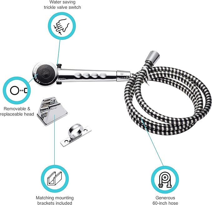 Dura Faucet DF-SA130-CP Economical RV Shower Head Hose Kit, Handheld Replacement Wand, Universal Water Saving Shower Head with Flow Control Trickle Switch (Chrome)