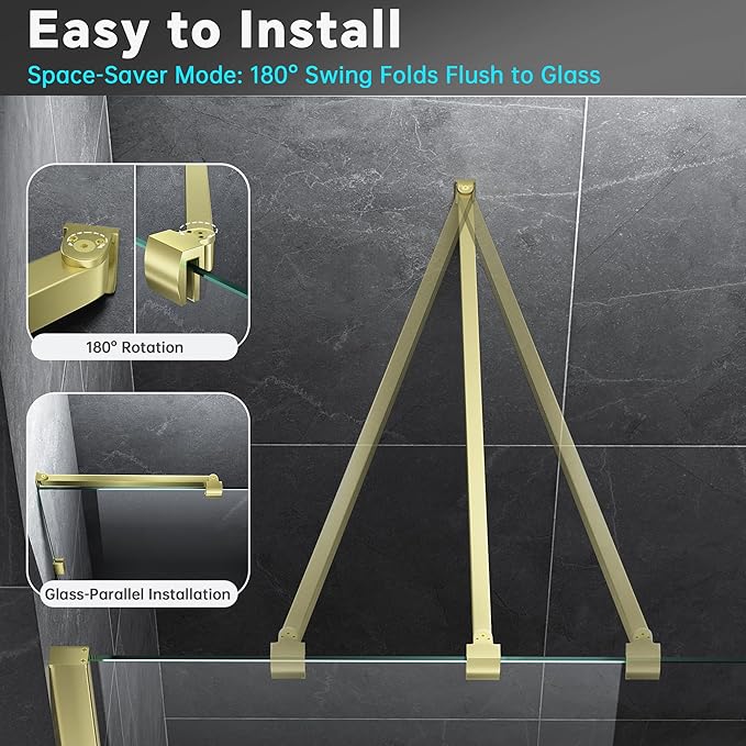 Frameless Shower Door Support Bar, Stainless Steel Wall-to-Glass Support Arm to Fixed Shower Glass Panel, for 1/4"-3/8" (6-10 mm) Door, 180° Pivot & Stow-Flat Mode (Brushed Gold, 27.6-inch(700mm))