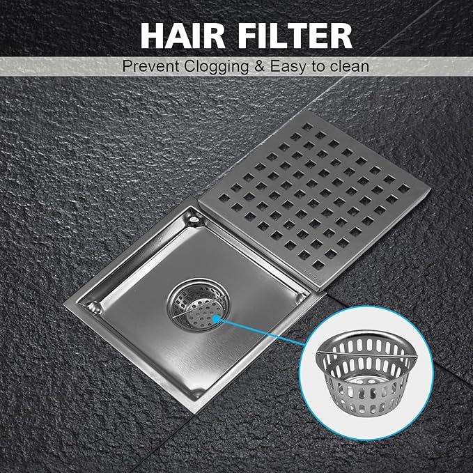 6 Inch Square Shower Drain with Flange, Removeable Grate SUS 304 Stainless Steel Shower Drain with Hair Catcher (Brushed Nickel, 6 Inch)