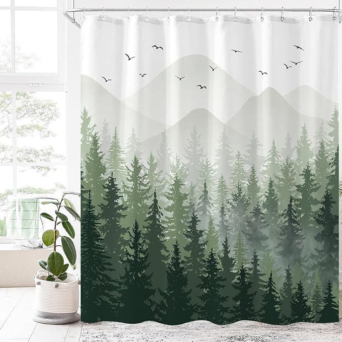 Aipon Green Misty Forest Shower Curtain Ombre Nature Tree Plants Shower Curtains Fabric Waterproof Mountain Shower Curtain Sets for Bathroom Bath Decor with 12 Hooks (Green, 72'' × 78'')