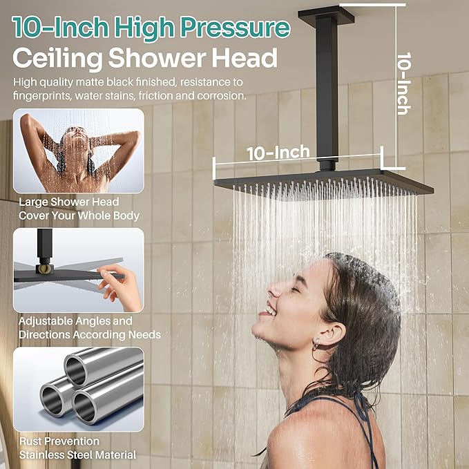 Black Shower System, Matte Black Shower Faucet Set with 3 In 1 Push Button Shower Diverter Valve, 10'' Ceiling Shower Head and 6'' Wall Mounted Shower Head, Black Rain Shower Head with Handheld Spray