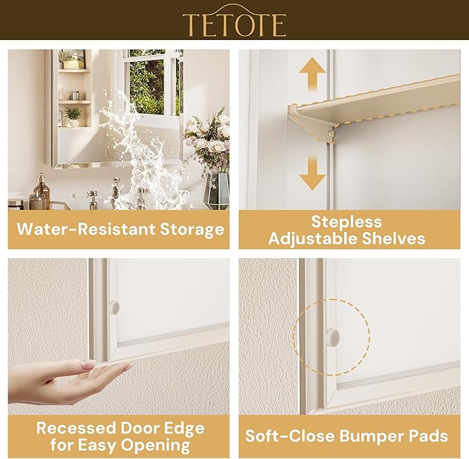 TETOTE 15 x 26 Bathroom Mirror with Storage with Tempered Beveled Mirror Silver Medicine Cabinet Aluminum Cabinet DTC Hinges, Stepless Adjustable Shelves, Recessed/Surface-Mounted
