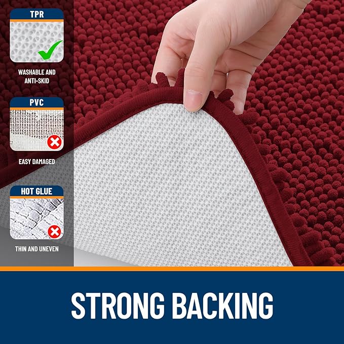 OLANLY Bathroom Rugs 47x20, Extra Soft Absorbent Chenille Bath Rugs, Rubber Backing Quick Dry, Machine Washable Bath Mats for Bathroom Floor, Tub and Shower, Home Decor Accessories, Red