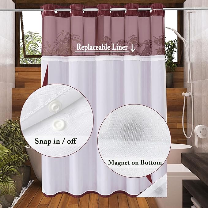 Gibelle Long Shower Curtain 72x80, Waffle Weave Bathroom Shower Curtain with Snap-in Fabric Liner Set, No Hooks Needed, Hotel Style with Mesh Top Window, Burgundy