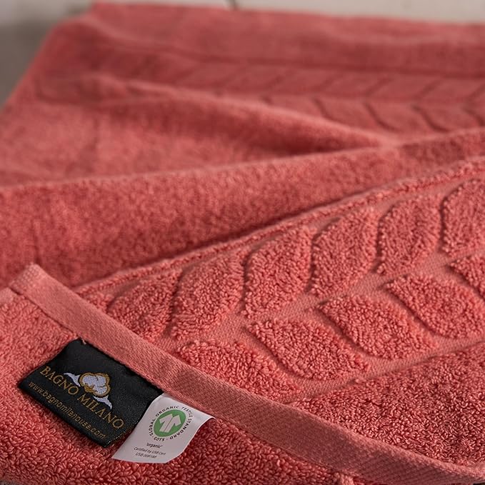 BAGNO MILANO Organic Turkish Cotton Bath Towels, Luxury Jacquard Collection, Certified Organic Highly Absorbent, Soft-Plush Towel Set (Coral Red, 2 Pcs Bath Towel Set)