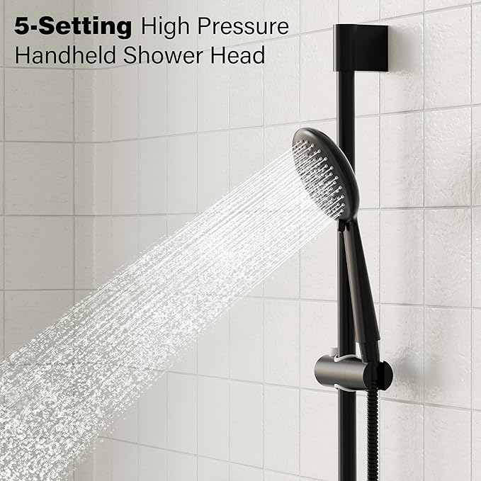 Gabrylly Shower System Black, Wall Mounted Slide Bar Shower Faucet Set Complete,High Pressure 10" Rain Shower Head with 5-Setting Handheld Shower,Shower Combo Set with Shower Valve