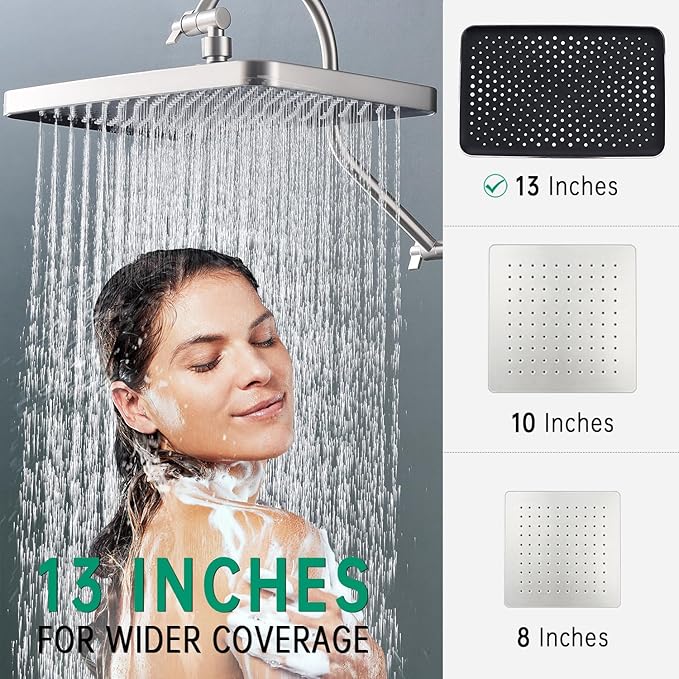 13 Inch Rainfall Shower Head with Multi-Function Handheld Sprayer Combo, 3-Way Metal Extended Diverter with Holder and Metal Adjustable Curved Shower Extension Arm, Extra Long Hose Brushed Nicke