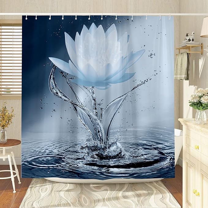 Lotus Shower Curtain Blue Flower Elegant Blooming Floral with Dew Spring Flower Reflection on Water Modern Romantic Polyester Fabric Bathroom Decor 86×70 Inch with Hook