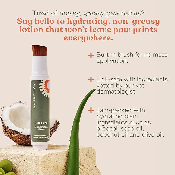 Dandylion Soft Paws Lotion with Brush | Dog Paw Balm & Paw Butter | Hydrating, Vet-Approved, Lick-Safe, Fragrance-Free | pH-Balanced for Itchy, Dry, Cracked Dog Paws | 0.6 fl oz