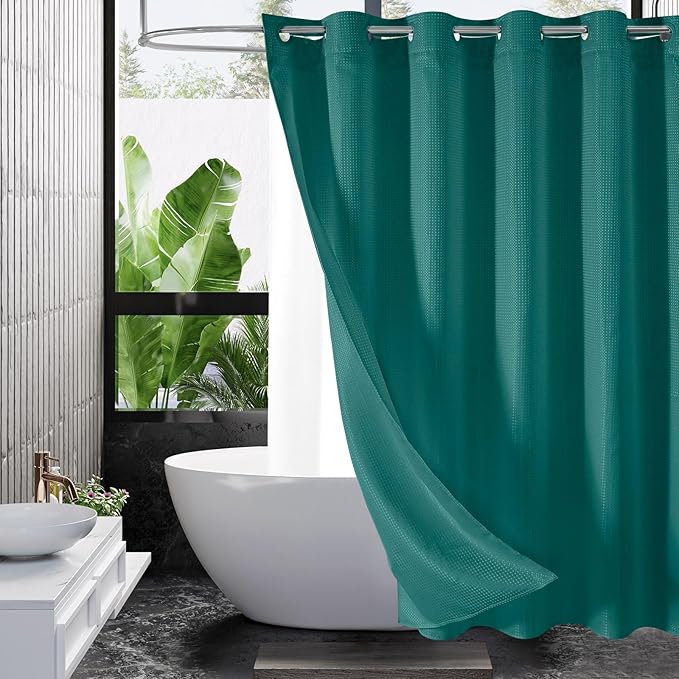 MitoVilla Dark Green Long Shower Curtain Liner Set 72 x 80, No Hooks Needed 80 inch Long Heavyweight Waffle Fabric Shower Curtain Set with Snap-in Liner for Hotel Grade Spa-Like Bathroom Decor