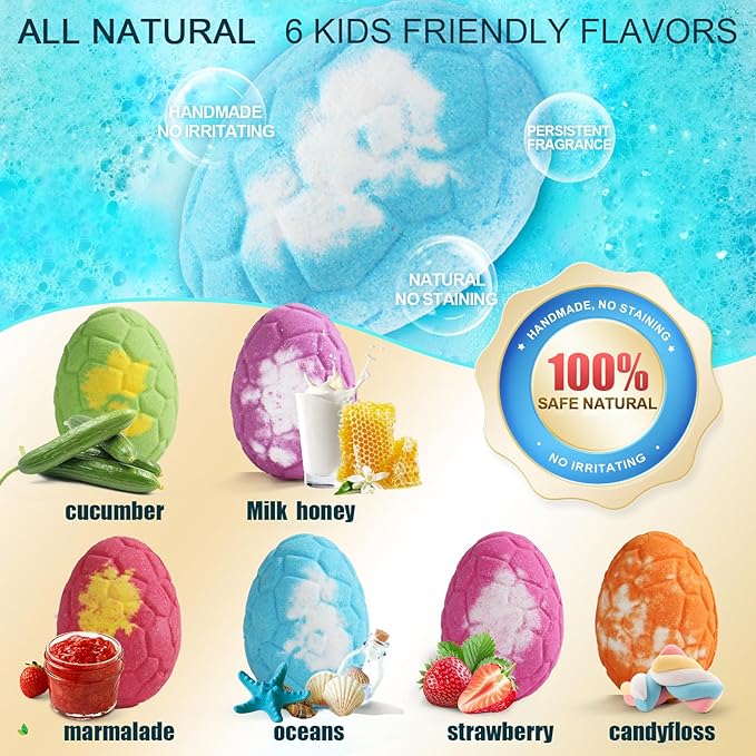 Bath Bombs for Kids with Surprise Inside, 6 Pack Dinosaur Toys Toddler Bath Bombs Gift, Organic Bubble Bath Fizzies, Dinosaur Egg, Stocking Stuffers for Kids, Christmas Gifts for Kid 3-12