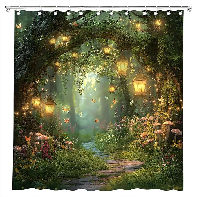 Fantasy Forest Path Shower Curtain Fairy Magical Enchanted Misty Jungle Mushroom Floral Tree Butterfly Lantern Wonderland Plant Bath Curtain Fabric Bathroom Accessories Decor with Hooks 75W x70L