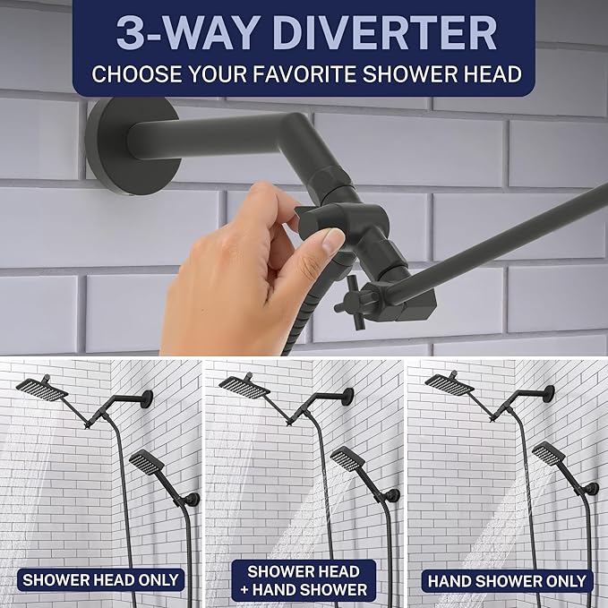HammerHead® Solid Metal Dual Shower Head Combo — 8" Square Rain Shower Head with Handheld, 12" Adjustable Arm & Wall-Mount Holder for Flexible Installation — Matte Black