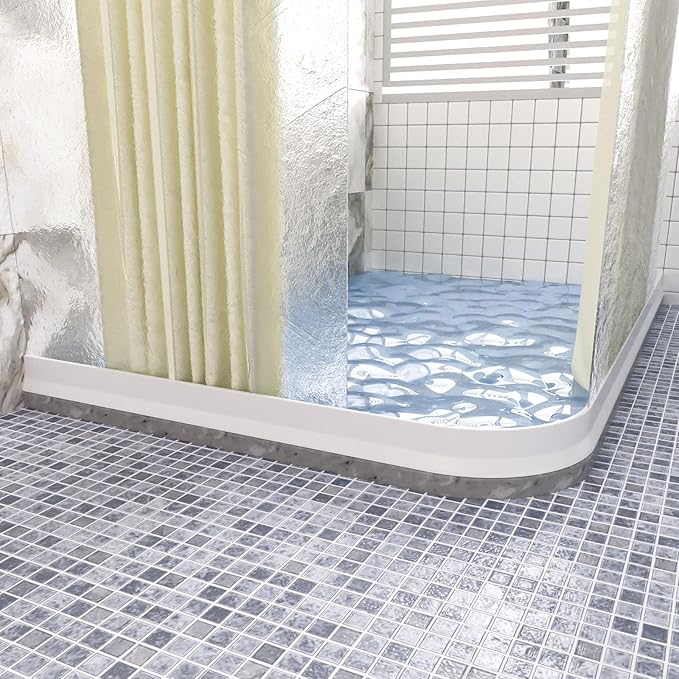 3" High Shower Threshold Water Dam 98 IN Collapsible Shower Water Splash Guard for Curbless Shower Threshold Barrier Water Stopper for Wet and Dry Separation Bathroom and Kitchen (White)
