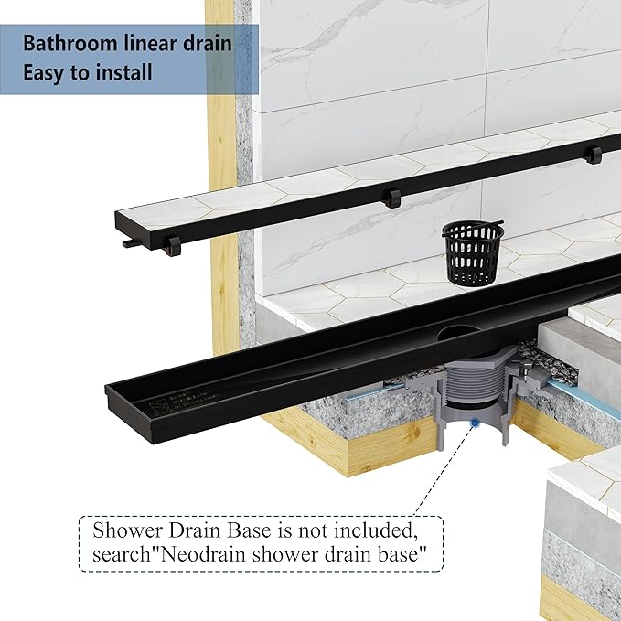 Neodrain 30-Inch Linear Shower Drain with Tile Insert Grate,Matte Black 304 Stainless Steel Rectangle Shower Floor Drain, Linear Drain with Leveling Feet, Hair Strainer