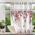 No Hook Shower Curtain and Liner Set, Red Eucalyptus Floral Shower Curtains for Bathroom, Bath Curtain Sets with Snap in Liner, Waterproof with See Through Top Window, 71x77 Inches