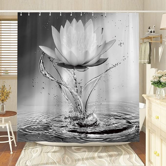 Lotus Shower Curtain Black White Grey Flower Elegant Blooming Floral with Dew Spring Flower Reflection on Water Modern Romantic Polyester Fabric Bathroom Decor 70×84 Inch with Hook