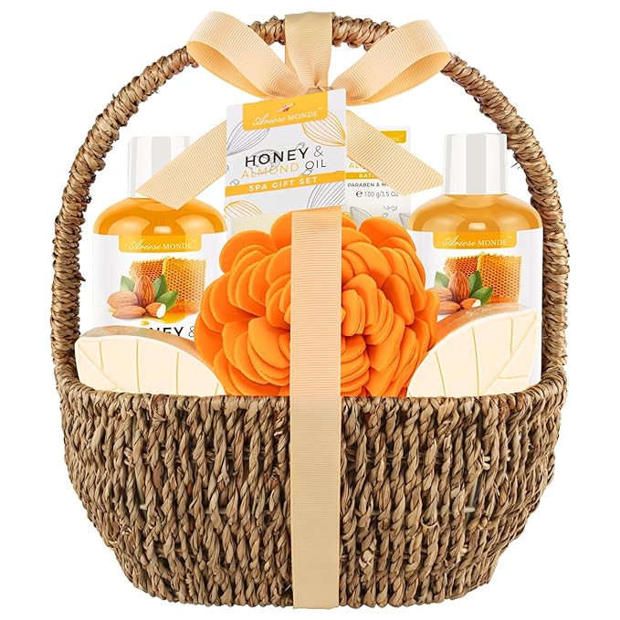 Bath Spa Gift Basket, Bath & Body Gift Set for Women & Men, Includes Shower Gel, Bubble Bath, Bath Salt, Bath Sponge, Spa Gift Box for Mother's Day, Birthday, Wedding, Honey & Almond 8pcs