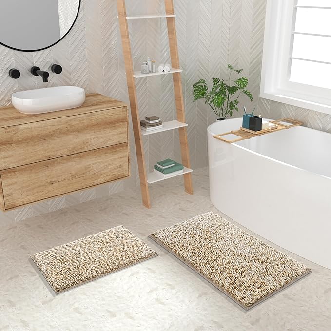 Yimobra Bath Mats for Bathroom Non Slip, 36x24, Extra Soft Chenille Bathroom Rugs, Luxury Fluffy Long Matts for Tub, Plush Shaggy Carpet, Water Absorb, Machine Washable, Beige & Light Coffee