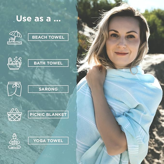 Large Turkish Beach Towel, Classic Powder Blue - Super Soft & Lightweight Quick Dry Absorbent Towels for Beach, Picnic Blanket or Bath Towel - Sand Free Organic Turkish Cotton Yarn