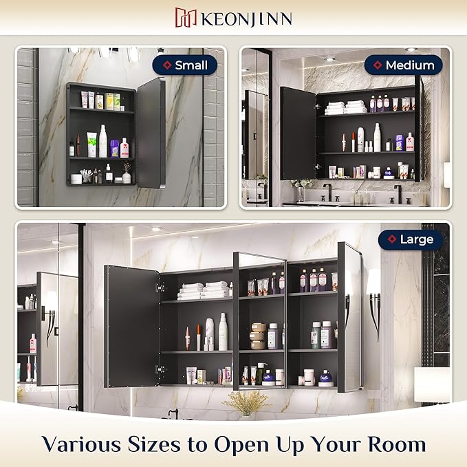 Keonjinn 48 x 32 Inch Large Black Medicine Cabinets, Recessed Bathroom Medicine Cabinet, Black Stainless Steel Framed, Sturdy & Heavy, Adjustable Shelves, Oversized Bathroom Mirror with Storage