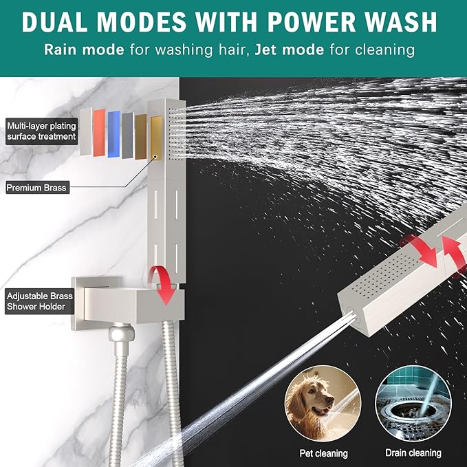 ENGA Shower System with Tub Spout, Bathtub Shower Faucet Combo Set - 10" & 6" Square Rain Shower Heads with 2 in 1 Handheld Spray, 4 Way Water Diverter, Brushed Nickel