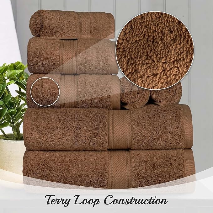 Superior Egyptian Cotton Pile 8 Piece Towel Set, Includes 2 Bath, 2 Hand, 4 Face Towels/Washcloths, Ultra Soft Luxury Towels, Thick Plush Essentials, Guest Bath, Spa, Hotel Bathroom, Chocolate
