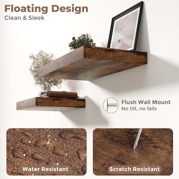 24 Inch Floating Shelves for Wall 2 Pack, 12"D Wood Grain Bathroom Shelves with Invisible Brackets, Easy Install Engineered Wood Storage Shelves for Kitchen, Living Room, Bedroom, Rustic Brown Finish