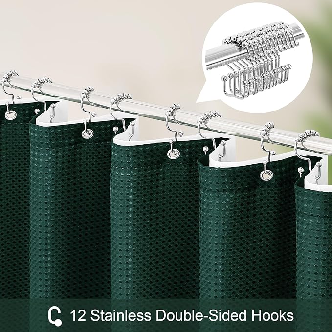 3 in 1 Shower Curtain Set, Dark Green Waffle Shower Curtain and PEVA Liner Set with 12 Stainless Steel Shower Curtain Hooks, Waterproof Shower Curtains for Bathroom, 72 W x 72 H