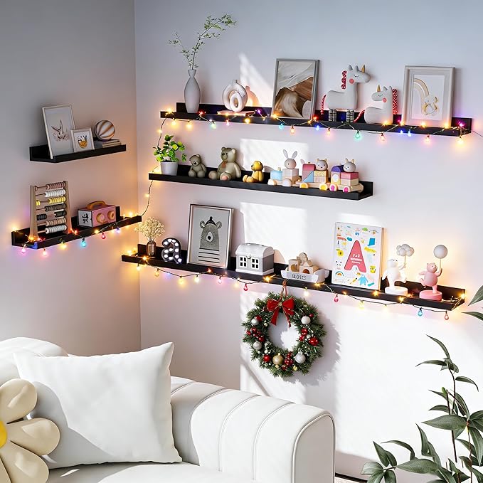 Heimlove Picture Ledge Shelf, Floating Shelves Set of 2, 72 Inches Long Large Picture Shelf for Wall with Ledge, Kids Bookshelf Wall Mounted for Living Room Bedroom Decor Books Photo Frames, Black