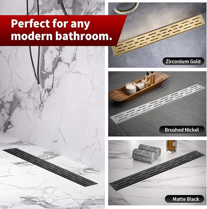Sharp-tec Linear Shower Drain, 28 inch Shower Drain with Removable Pattern Cover, Matte Black 304 Stainless Steel Rectangle Floor Drain, Adjustable Feet and Hair Strainer Included (Model 101)