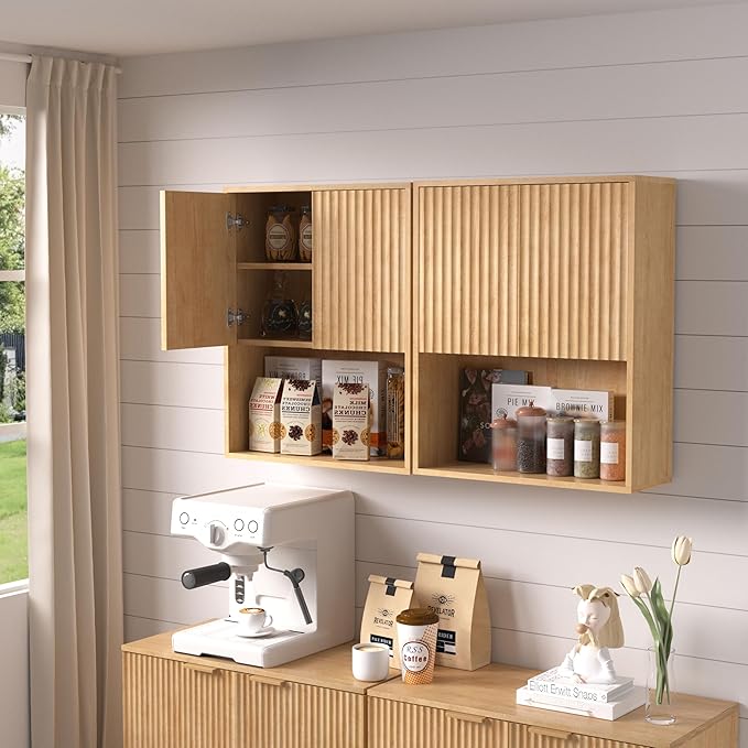 Fluted Bathroom Wall Cabinet Over The Toilet Storage,Wall Mounted Cabinet with Adjustable Shelf,Floating Cabinet Organizer Hanging Cabinet,Kitchen and Laundry Room Cabinets (Oak-2 PCS)