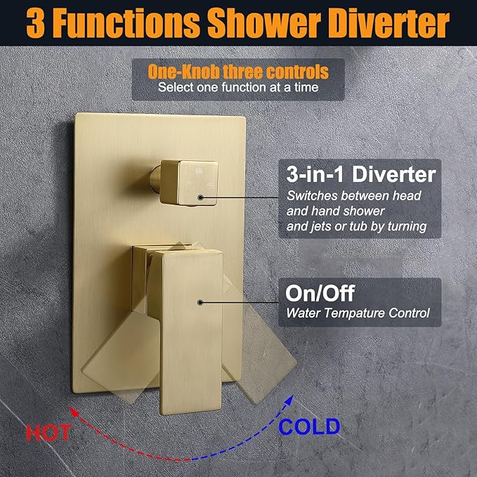 Enga Brushed Gold Rain Shower System with Body Jets, 12 inch Rain Shower Body Spray Jets System Wall Mounted Shower Faucet Set with 3-Function Brass Shower Valve