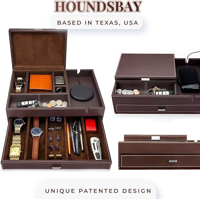 Mens Watch Box Leather Valet Tray - Bedside Table Organizer, Men's Jewelry Box, Watch Case for Men with Large Smartphone Charging Station - Jewelry Box for Men with Valet Box and Nightstand Organizer