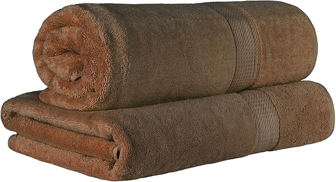 Superior Egyptian Cotton Pile Bath Sheet Set of 2, Ultra Soft Luxury Towels, Thick Plush Essentials, Absorbent Heavyweight, Guest Bath, Hotel, Spa, Home Bathroom, Shower Basics, Chocolate