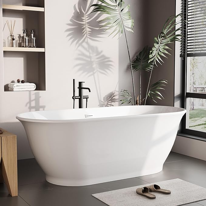 67 in Acrylic Freestanding Bathtub, Soaking Bathtub with Matte Drain and Overflow, Modern Square Tub, Deep Ergonomic Design, CUPC Certified, Double-Walled Insulation, Easy Install and Safe Use, White
