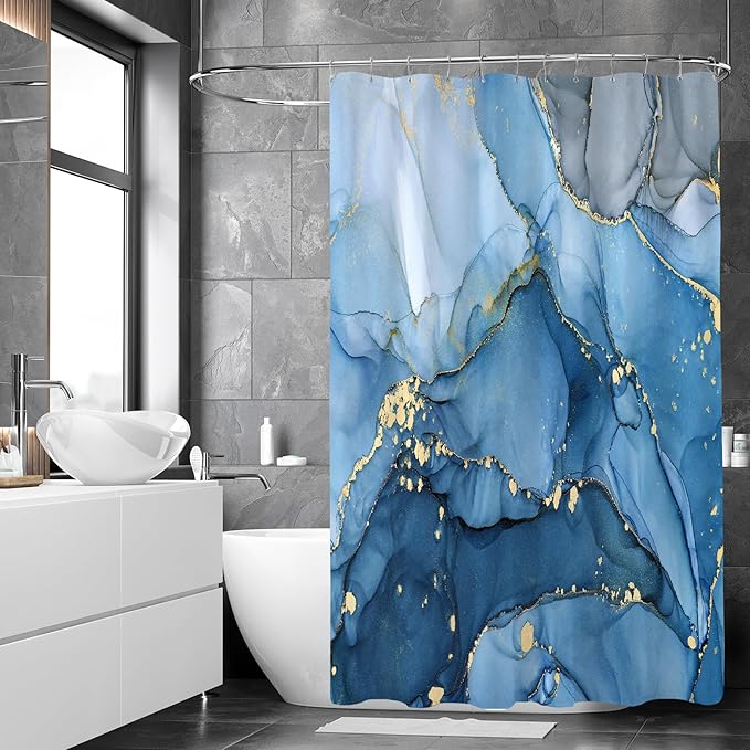 Blue Marble Shower Curtain 60x72, Modern Abstract Fabric Shower Curtains for Bathroom, Luxury Art Ink Texture Watercolor Cloth Shower Curtain Set with Hooks