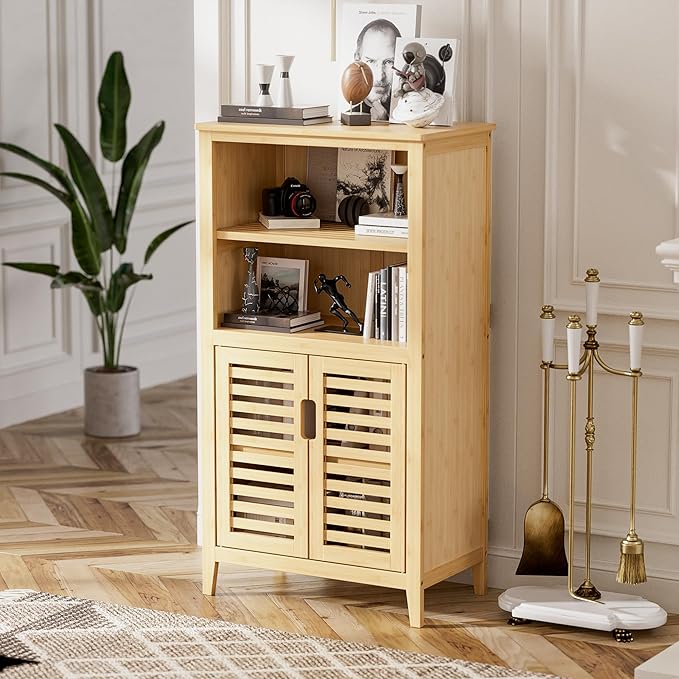 HITNET Bathroom Cabinet Freestanding, Bamboo Storage Cabinet 5-Tier Floor Cupboard with Door and Shelf for Bathroom, Kitchen, Hallway, Natural