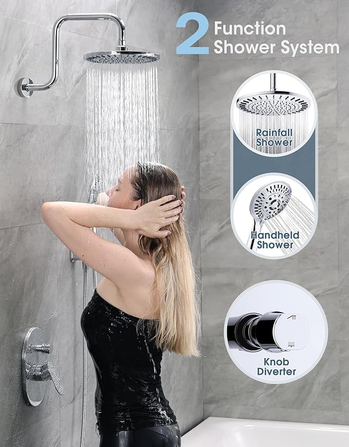 BRIGHT SHOWERS Shower Faucet Set, Shower System with Shower Valve Trim Kit, Double Handle Shower Fixture Rainfall Shower Head and 9-Setting Handheld Spray Combo, Valve Included, Chrome