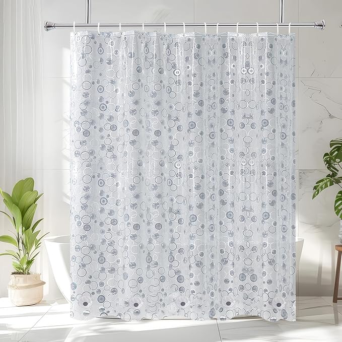 AooHome 96 inch Long Shower Curtain Liner - EVA 3D Circle Pattern Design Bathroom Shower Curtain with Hooks, 5 Bottom Magnets, 10G Heavy Duty, Water Repellent, Semi Transparent, 72x96 Inch