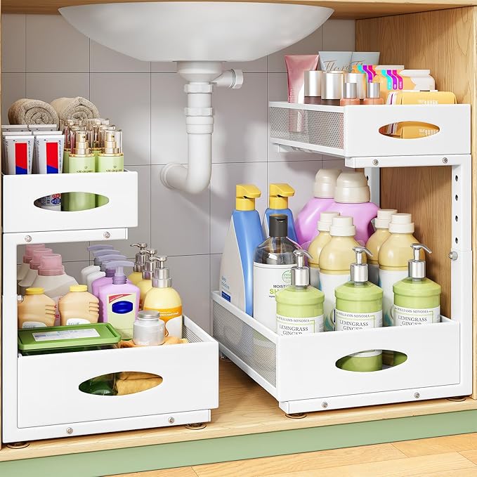 Under Sink Organizer, 2-Pack Pull Out Cabinet Organizer 2 Tier Metal Slide Out Storage Shelf Rack, L-Shaped Adjustable Height,Mesh Sliding Drawer for Kitchen, Bathroom, Laundry, Pantry, White, XL