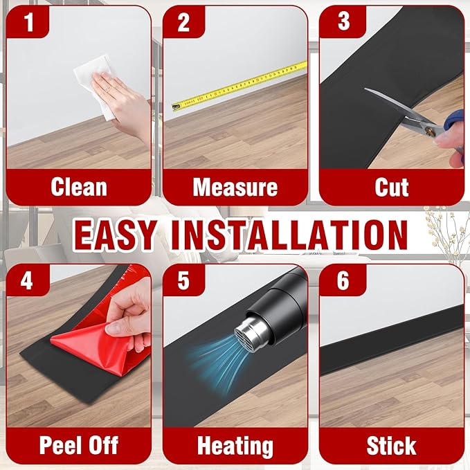 Vinyl Baseboard Molding Trim 6 Inch x 20 Feet Peel and Stick Baseboard Trim Flexible PVC Cove Base Moulding Self-Adhesive Trim for Garage Bathroom Cabinet Floor Walls, Black