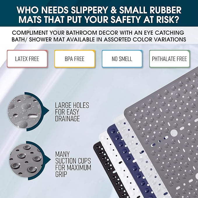 ENKOSI Large 27 x 27 inch Square Non-Slip Shower Mat - Anti Slip Shower Stall Mat for Elderly and Young - Durable Shower Mat with Strong Secure Suction Cups and Drain Holes (27x27 Clear Grey)