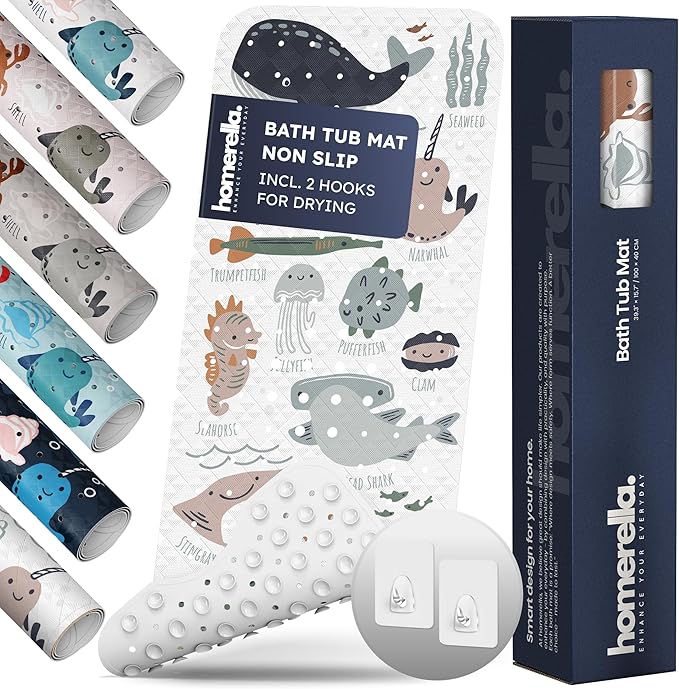 Bath Tub Mat Non Slip Anti Mold for Kids BPA Free INCL Hooks - homerella® Ocean Sea Animals 40x16, Baby Bath Mat Non Slip 200 Suction Cups, Non Toxic Machine Washable Toddler Bath Mat, EU Certified