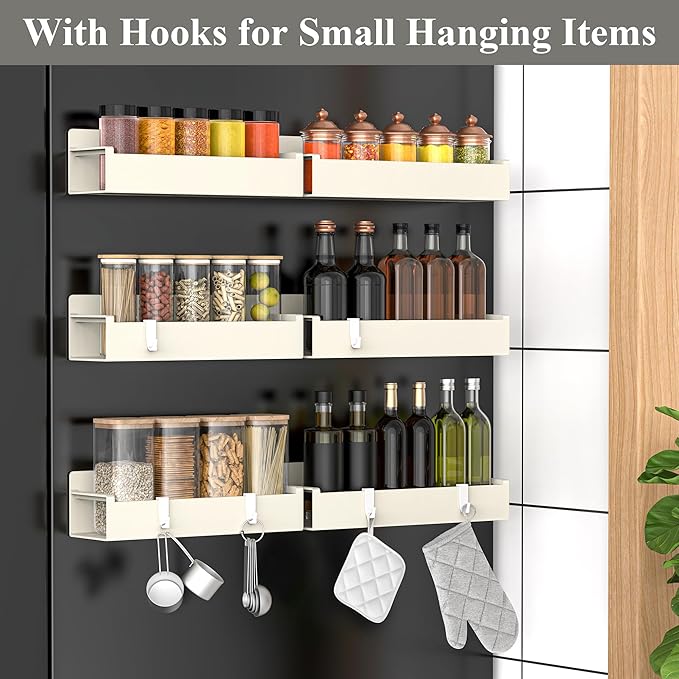 6 Pack Magnetic Spice Rack Organizer for Refrigerator and Oven, Cream White Fridge Organizers and Storage for Kitchen