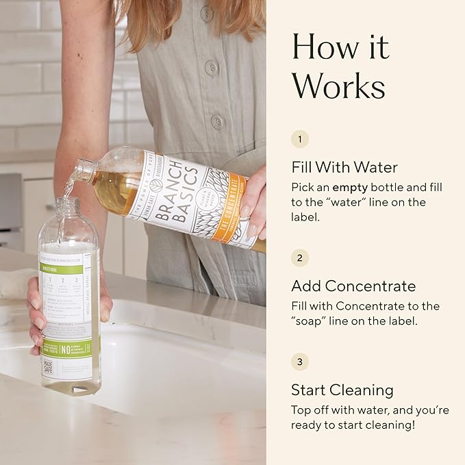 Branch Basics Premium Starter Kit: All Purpose, Glass, and Bathroom Cleaner plus our Foaming Wash, and Laundry Bottle (3 Plastic Spray Bottles + Concentrate) Fragrance-Free